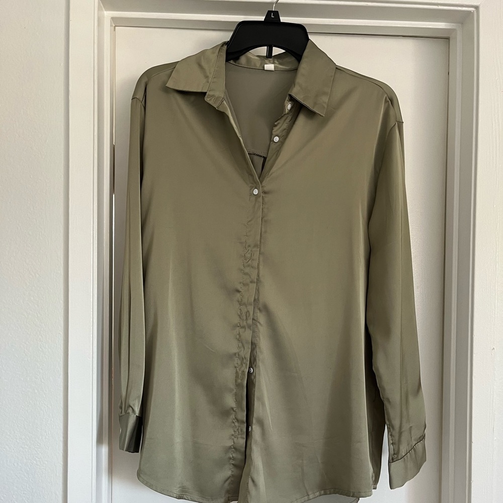 Green satin long sleeve button up